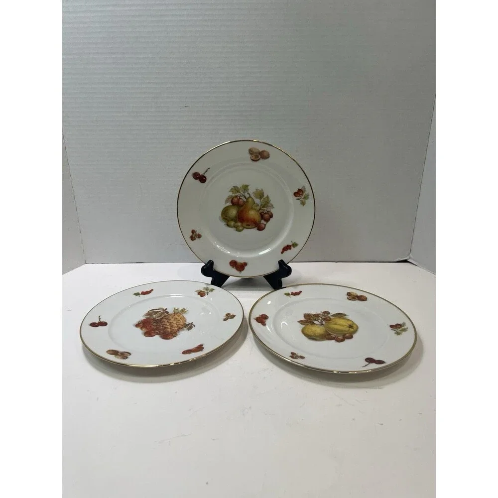 Vintage JKW Bavaria Germany Porcelain Set of 3 Fruit Design Plates Gold Rim
